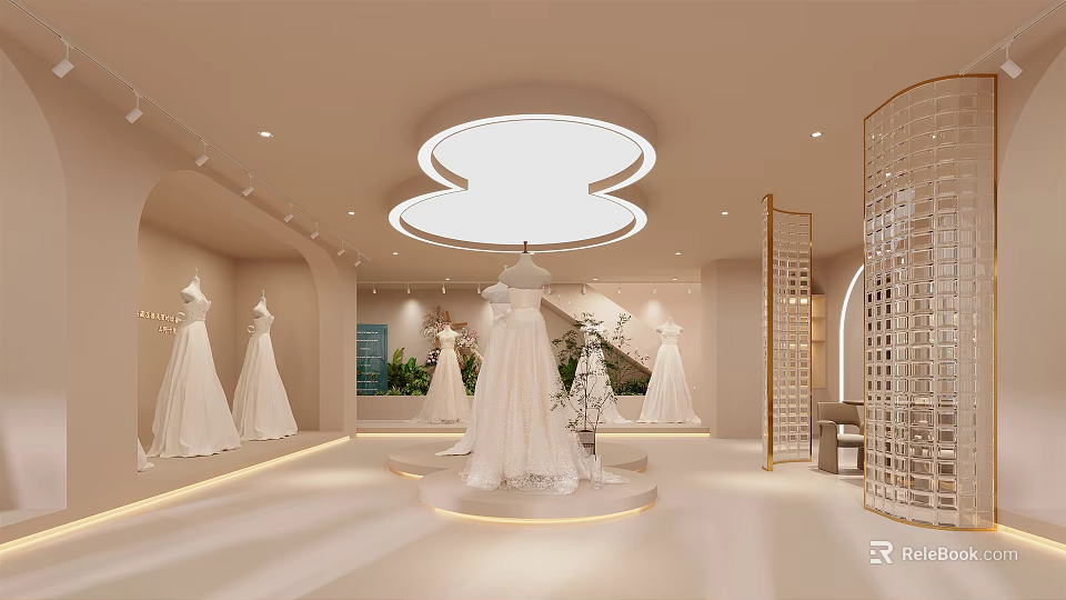 Elegant Bridal Shop Interior Design With Displayed Wedding Dresses And Soft Lighting 3d model 