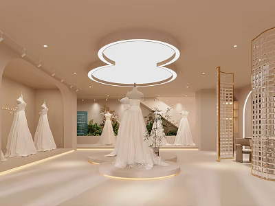 Elegant Bridal Shop Interior Design With Displayed Wedding Dresses And Soft Lighting 3d model