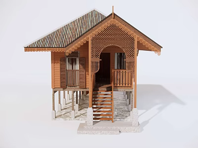 Traditional Wooden House With Sloped Metal Roof Carved Details Porch And Staircase 3d model