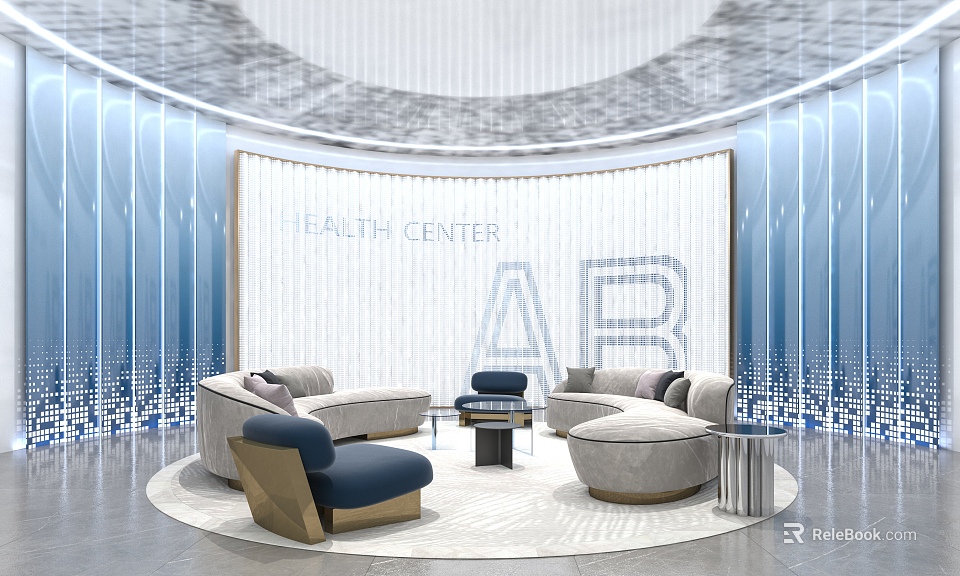Health Center Lounge Area With Curved Partition Blue Sofas And White Decor 3d model 