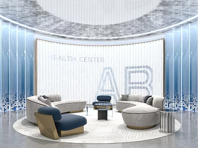 Health Center Lounge Area With Curved Partition Blue Sofas And White Decor 3d model