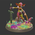 Green Skinned Pink Haired Pointed Ears Fantasy Character Standing Holding Sword With Tail on Grass Stone Base