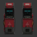 Two Vintage Red Fuel Pumps With Warning Signs And Green Digital Screens