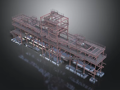 Industrial Building Steel Frame Structure With Multi Level Platforms And Support Columns 3d model