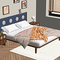 Cozy Bedroom Interior With Blue Headboard Circular Decor Wooden Floor Nightstands Lamp Blinds And Rug