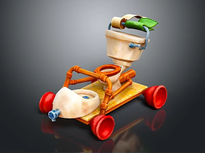 Creative Children's Bed With Orange Pipe Frame Red Wheels And Green Leaf Decoration 3d model