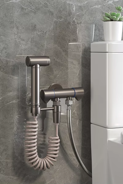Modern Shower Faucet Set With Brushed Nickel Finish Mounted On Gray Marble Bathroom Wall 3d model