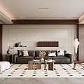 Modern Living Room Interior With Black Sofa Wooden Coffee Tables And Geometric Rug
