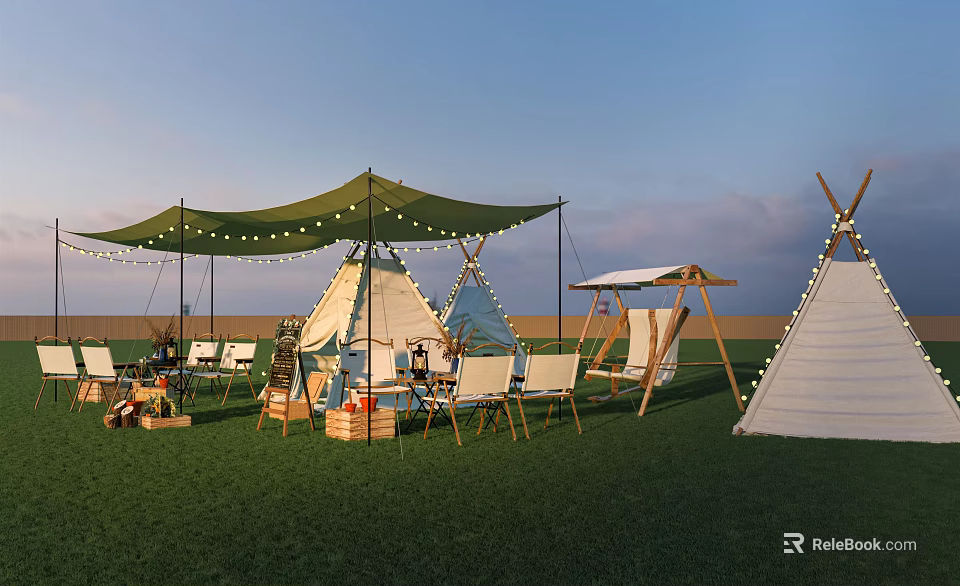Luxury Campsite With Teepee Tents Green Canopy String Lights And Swing Chair On Green Grass 3d model 