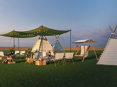 Luxury Campsite With Teepee Tents Green Canopy String Lights And Swing Chair On Green Grass 3d model