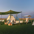 Luxury Campsite With Teepee Tents Green Canopy String Lights And Swing Chair On Green Grass