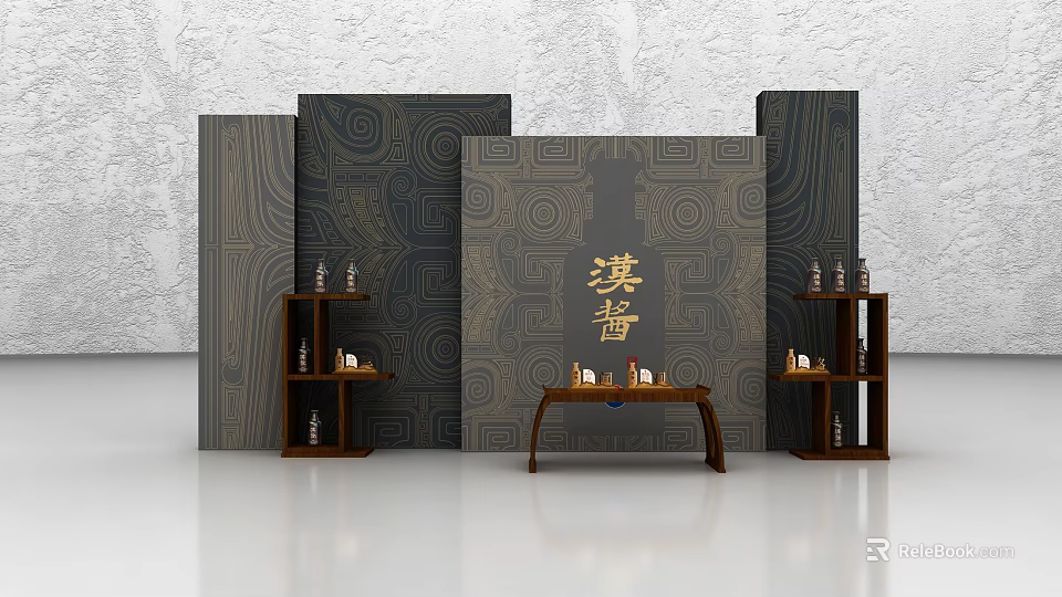 Han Jiang Display Scene With Traditional Patterns Dark Panels Wooden Table And Shelf Bottles 3d model 