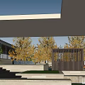Contemporary Sales Office Building With Stone Facade Triangular Roof Water Fountain And Trees