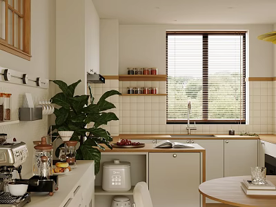 Cozy Modern Kitchen Interior With Window Blinds Green Plant Open Shelves And Countertop 3d model