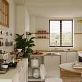 Cozy Modern Kitchen Interior With Window Blinds Green Plant Open Shelves And Countertop
