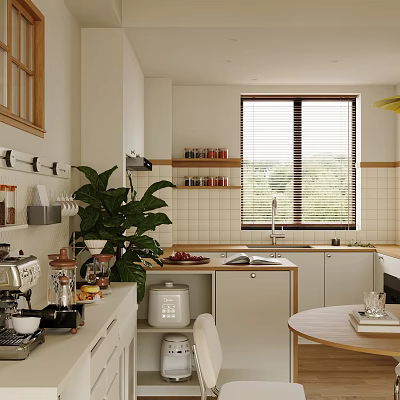 Cozy Modern Kitchen Interior With Window Blinds Green Plant Open Shelves And Countertop 3d model