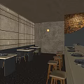 Modern Restaurant Interior With Wooden Walls Circular Decorative Wall Bar Counter And Tables