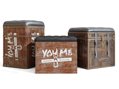Set Of Three Vintage Wooden Stools With Leather Seats And Decorative You Me Text 3d model