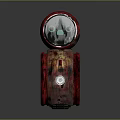 SpiderMan Themed Red And Black Spherical Figure With Central Emblem And Bottom Structure