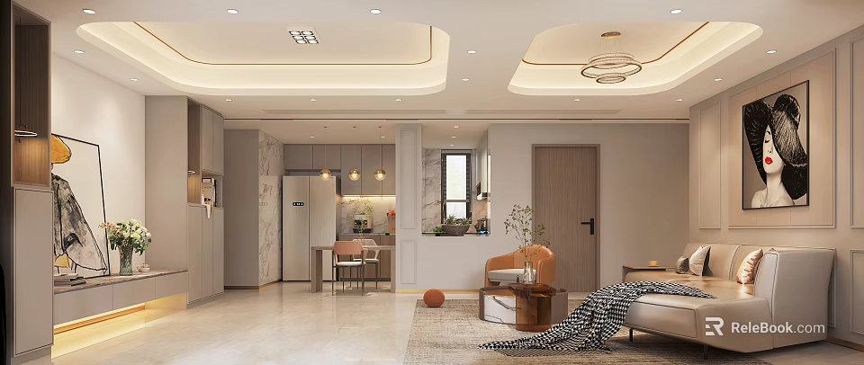 Elegant Modern Living Dining Room Interior With Open Concept Marble Accents And Pendant Lights 3d model 