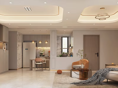 Elegant Modern Living Dining Room Interior With Open Concept Marble Accents And Pendant Lights 3d model