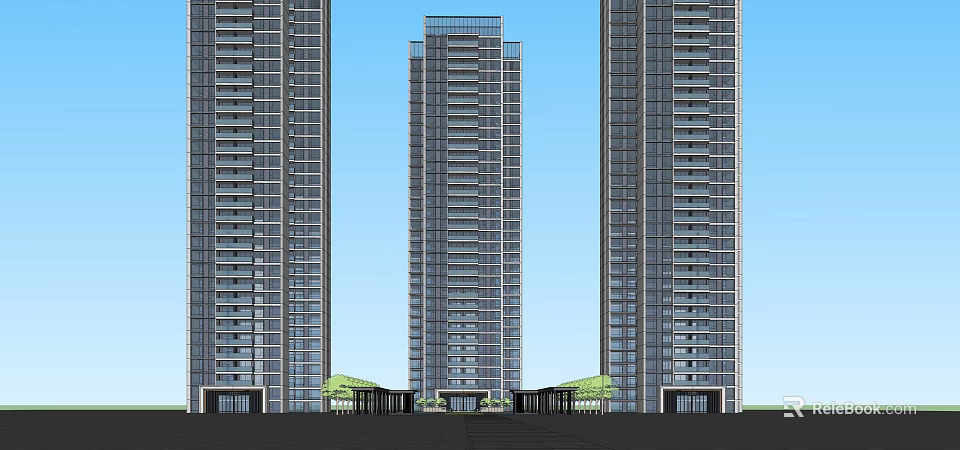 Modern High Rise Buildings With Glass Curtain Walls Ground Floor Entrances And Green Plants 3d model 