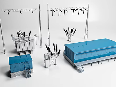 Industrial Power Transmission Equipment With Towers Blue Enclosures And Substation Units 3d model