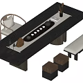 Elegant Modern Tea Table Set With Dark Wooden Top Matching Chairs Bench And Tea Utensils