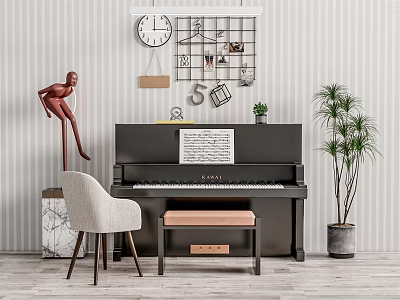 Musical Instruments And Art Supplies Display With Black Piano Music Sheet Wall Grid And Decor 3d model