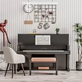 Musical Instruments And Art Supplies Display With Black Piano Music Sheet Wall Grid And Decor