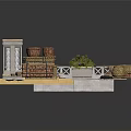 Rustic Garden Scene Components With Stone Structure Clay Pots Wooden Chest Flower Planter Wicker Baskets