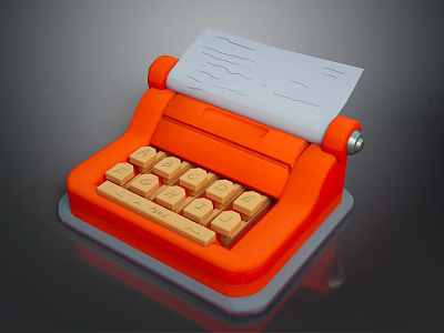 Orange Retro Typewriter Design With Paper Roll And Wooden Keys 3d model