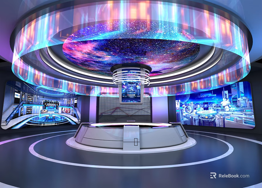 Modern Studio With Colorful Ring Lights Starry Sky Ceiling And Circular Stage 3d model