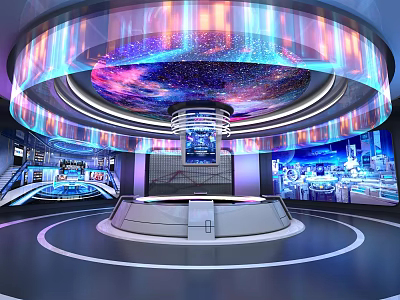 Modern Studio With Colorful Ring Lights Starry Sky Ceiling And Circular Stage 3d model