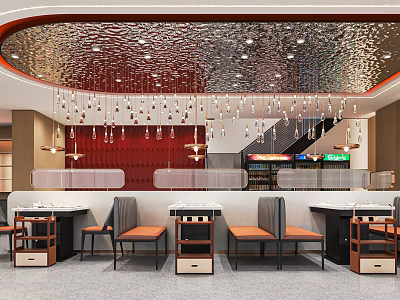 Modern Hotpot Restaurant Interior With Open Layout Pendant Lights Seating And Red Decorations 3d model