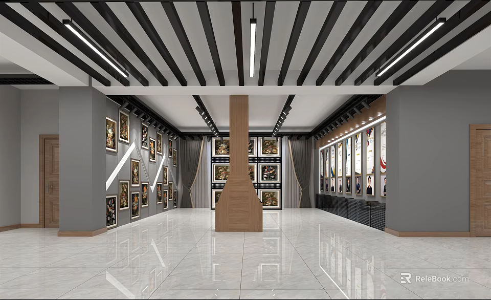 Art Gallery Interior With Paintings White Tiled Floor Central Pillar And Striped Ceiling 3d model 