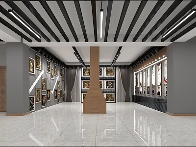 Art Gallery Interior With Paintings White Tiled Floor Central Pillar And Striped Ceiling 3d model