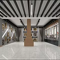 Art Gallery Interior With Paintings White Tiled Floor Central Pillar And Striped Ceiling