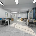 Public Office Space with Office Desks Computers Windows Blue Curtains Green Plants and Lockers