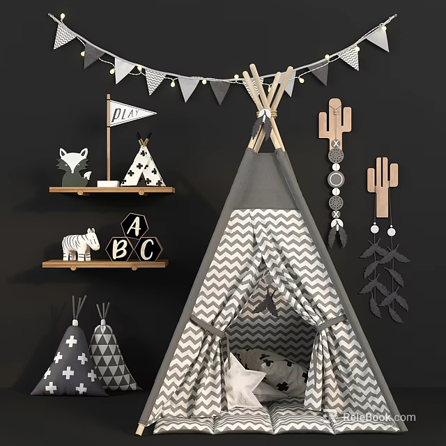 Teepee Style Kids Bed With ABC Letters Zebra Decor And Cactus Ornaments 3d model 