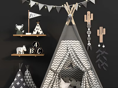 Teepee Style Kids Bed With ABC Letters Zebra Decor And Cactus Ornaments 3d model