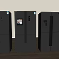 Three Modern Refrigerators With Sleek Black Design And Digital Control Panels On Wooden Floor