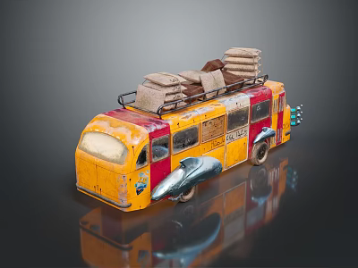 Vintage Yellow Red Bus With Stacked Luggage On Roof And Worn Exterior Design 3d model