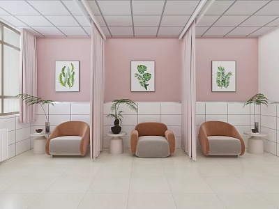 Interior With Pink Walls White Tiled Wainscoting Green Plant Paintings Brown Gray Armchairs Green Plants 3d model