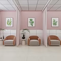 Interior With Pink Walls White Tiled Wainscoting Green Plant Paintings Brown Gray Armchairs Green Plants