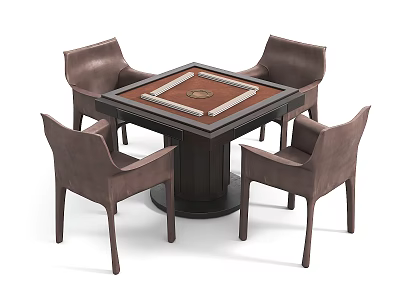 Modern Entertainment Table With Central Game Board Design Surrounded By Four Brown Leather Chairs 3d model