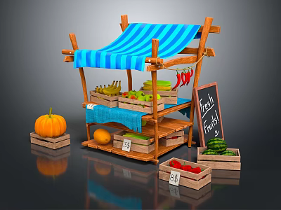 Wooden Fruit Stand With Blue Striped Canopy Fresh Fruits Blackboard Sign And Wooden Crates 3d model