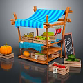 Wooden Fruit Stand With Blue Striped Canopy Fresh Fruits Blackboard Sign And Wooden Crates