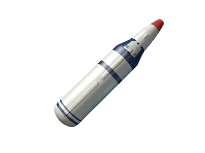 Technology Exhibition Hall Displaying Rocket Model With White Body Blue Stripes And Red Top 3d model