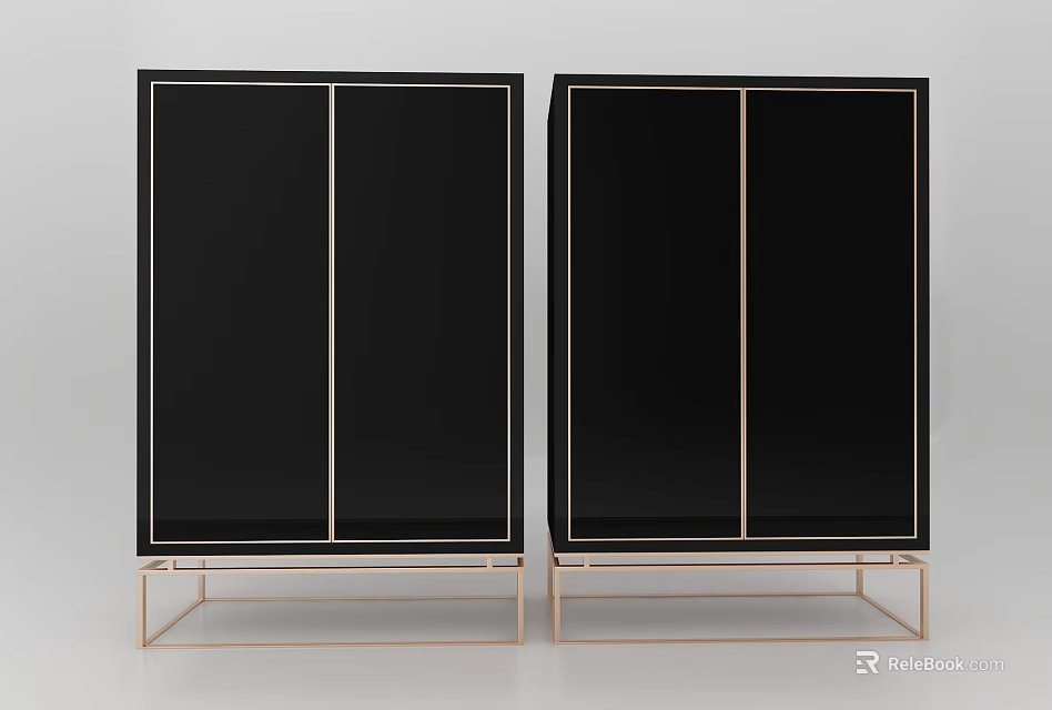 Elegant Modern Black Decorative Cabinets With Golden Frames And Metal Stands 3d model 